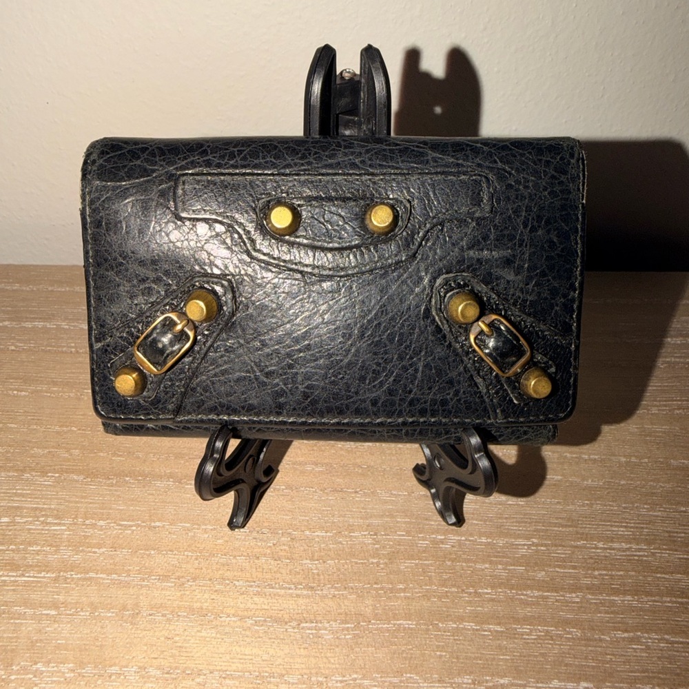 Balenciaga Classic Moto Leather Wallet Black w Antique Brass Hardware